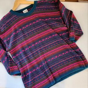 Vintage Oversized Pink Blue Fair Isle Crew Neck Sweater 90s 1990s Ski Preppy M